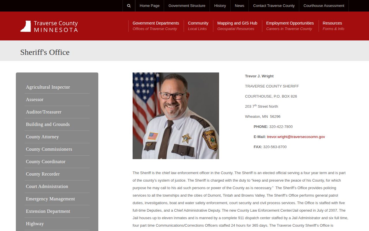 Traverse County Sheriff's page with jail release facility details
